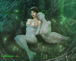 2girls arms_behind_back black_hair bondage breasts breasts_out fallout fallout_4 female femsub gameplay_mechanics green_eyes hat health_bar large_breasts multiple_girls multiple_subs nipples piper_wright porcupine_(artist) prisoner restrained short_hair spider_web