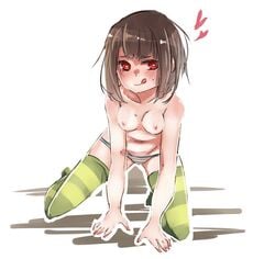 1girls 2d beige_skin breasts brown_hair chara cute female female_only heart heart-shaped_pupils human human_female human_only kneeling no_bra panties red_eyes short_hair small_breasts solo stockings striped_panties stripes tongue topless undertale undertale_(series) vertical-striped_panties vertical_stripes white_background willing