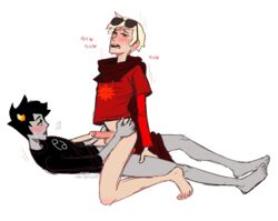 2boys ahbagels anal anal_sex black_hair blonde_hair blush clothing dave_strider gay grey_skin homestuck horns human interspecies karkat_vantas ms_paint_adventures open_mouth partially_clothed penis precum pubic_hair riding short_hair sunglasses teenager troll white_background white_skin yellow_eyes