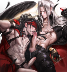 2boys abs alcohol bara black_hair drooling erection final_fantasy final_fantasy_vii gay glowing_eyes green_eyes hair human leather_straps licking licking_penis long_hair looking_at_viewer male male_only multiple_boys multiple_males muscle muscles nude oral pecs penis red_eyes sakimichan saliva sephiroth silver_hair testicles topless uncensored undressing vincent_valentine wings yaoi