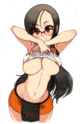 areolae bare_shoulders black_hair blush breasts brown_eyes bursting_breasts clothes_writing curvy employee_uniform exhibitionism female glasses groin hooters kusanagi_tonbo large_breasts long_hair looking_at_viewer mound_of_venus navel no_bra no_legwear original revision shirt_lift small_waist smile solo underboob uniform white_background wide_hips