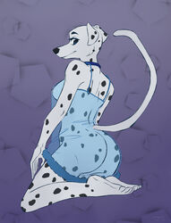 101_dalmatians abstract_background anthro areola ass back_view barefoot big_ass blue_eyes breasts canine collar dat_ass disney dog eyelashes feet female female_only fur furry junosunderland kneeling looking_at_viewer looking_back mammal medium_breasts nipples perdita see-through sideboob soles solo spots tail toes white_fur