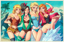 4girls anna_(frozen) areola astrid_hofferson bangs barefoot beach black_hair blonde_hair blush braid breasts cleavage closed_eyes clothed corset crossover disney disney_princess dreamworks elsa_(frozen) english_text eyelashes eyeshadow feet female fingerless_gloves frozen_(film) gloves hair_ornament hairband half-closed_eyes hand_on_hip hoodie how_to_train_your_dragon human jacket lipstick looking_at_viewer medium_breasts multiple_females multiple_girls navel necklace olaf_(frozen) open_clothes open_shirt palm_tree ponytail ralph_breaks_the_internet random_roodles red_lipstick seaside shirt single_braid sisters small_breasts smile soles standing text thighhighs tied_hair toes tongue tongue_out twin_braids vanellope_von_schweetz water wreck-it_ralph