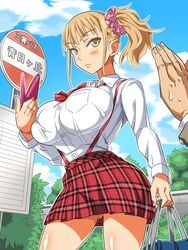 akushizu blonde_hair breasts busty female huge_breasts human money pov prostitution school_girl school_uniform schoolgirl yellow_eyes