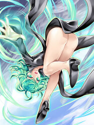 1girls :o aqua_eyes aqua_hair ass bangs black_dress black_shoes collarbone dress female female_only green_hair high_heels human kousaki_rui long_sleeves no_panties one-punch_man open_mouth palms shoes short_hair side_slit solo spread_fingers tatsumaki teeth tongue upside-down