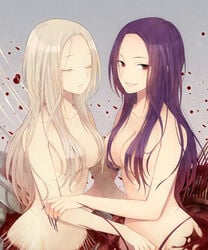 2girls artist_request chaos_witch_quelaag dark_souls demon fair_lady_quelaan female female_only fromsoftware long_nails monster_girl multiple_girls nude purple_hair sister