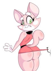 anthro ass feline female furry green_eyes looking_back pink_fur shima_luan solo super_planet_dolan tagme tail wardrobe_malfunction worried