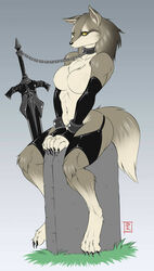 anthro barefoot blunt_katana bondage bound breasts canine chains collar dark_souls female female_only fromsoftware fur furry furry_breasts furry_ears furry_tail genderbent genderswap grave gravestone great_grey_wolf_sif greatsword grey_fur grey_hair hair hand_cuffs long_nails mammal orange_eyes pointy_ears rule_63 solo sword tail weapon wolf yellow_sclera