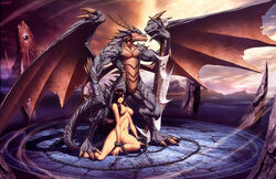 anthro black_hair breasts chains dragon female genzoman horns human leash long_hair nipples nude sitting slave sword weapon wings