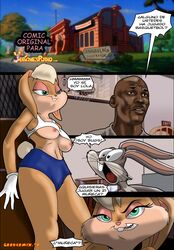 1girls 2boys anthro bald_man bared_breasts basketball_uniform blonde_hair blonde_hair_female buckteeth bugs_bunny color colored comic comic_page dark-skinned_male dark_skin english_translation female full_color furry goodcomix.tk human lola_bunny looney_tunes male michael_jordan notes_translation short_blonde_hair short_hair short_hair_female space_jam spanish spanish_dialogue spanish_text tagme the_daytona_pro vercomicsporno