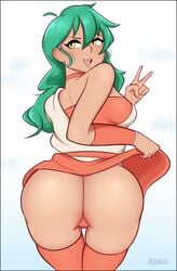 abarus ass big_ass cameltoe choker deltora_quest fat_ass female_focus female_only green_eyes green_hair jasmine_(deltora_quest) light_tan long_hair looking_back open_mouth open_smile peace_sign raised_eyebrow red_choker skirt_lift skirt_pull smile smiling smiling_at_viewer tan tan_skin tanned_girl tanned_skin thick_ass thong_panties v_sign wet_panties wet_pussy wet_thighs