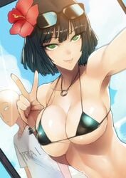 1girls ban bikini_top black_hair breasts cleavage female female_only fubuki_(one-punch_man) green_eyes hair_flower large_breasts one-punch_man pendant pointy_chin saitama selfie short_hair solo underboob v