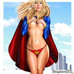 1girls blonde_female covered_nipples dc dc_comics female female_only hand_bra kara_zor-el killbiro solo supergirl superheroine superman_(series) thong