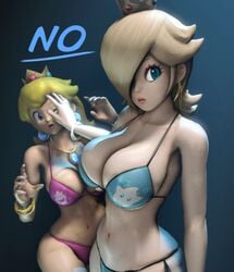 2girls 3d banskinator barely_clothed big_breasts bikini blonde_hair blue_eyes bowser_bikini bowser_logo bracelet breasts busty cleavage closed_eye crown earring female female_only hair hair_over_eye hair_over_one_eye hand_on_face hourglass_figure human large_breasts light-skinned_female light_blue_bikini light_skin lips lipstick long_hair mario_(series) multiple_females multiple_girls navel necklace nintendo open_mouth pink_bikini platinum_blonde_hair princess_peach princess_rosalina pushing_away simple_background solo_focus standing super_mario_galaxy swimsuit text thick thick_hips thick_thighs urbanator voluptuous wide_hips wink