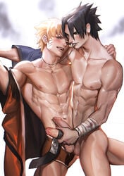 2boys abs balls bara black_hair blonde_hair blue_eyes blush cum frottage gay gay_male handjob looking_at_viewer male male_only multiple_boys muscles naruto naughty_face pecs penis sakimichan sasuke_uchiha short_hair sweat testicles topless uncensored undressing uzumaki_naruto yaoi