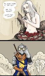 1girls 2boys being_watched comedy comic dark_souls fair_lady_quelaan female fromsoftware funny joke male monster_girl multiple_boys pale-skinned_female pale_skin shut_up spider_girl