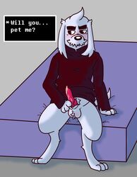 1boy animal_genitalia animal_penis anthro anthro_only balls blush bottomless canine canine_penis dialog dialogue dog dogamy english_text erection furry furry_only greyscale kayadult knot male male_only mammal penis simple_background sitting solid_color_background solo solo_male text text_box undertale video_games white_fur