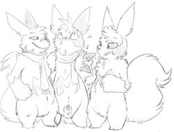 anthro balls female front_view greyscale grin ground group innocent licking licking_lips line_art looking_up male mammal monochrome naughty_face nintendo penis penis_tip pokemon pokemon_(species) precum precum_string pussy scarf sheath standing tenchi-outsuno tongue tongue_out video_games whistling zangoose