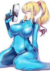 1girls blonde_hair blue_eyes bodysuit breasts female female_only fully_clothed gun large_breasts metroid nagase_haruhito nintendo ponytail samus_aran shiny_clothes shiny_suit sitting solo tied_hair tight_clothing weapon zero_suit zero_suit_samus