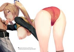 ass bangs bent_over blonde_hair blouse breasts buruma censored duo engrish faceless_male fellatio female hand_on_another's_head hanging_breasts has_uncensored_version hews_hack highres huge_breasts kawakami_mai long_hair male mole mole_under_eye musaigen_no_phantom_world nipples oral penis pubic_hair purple_eyes ranguage side_ponytail simple_background solo_focus straight white_background