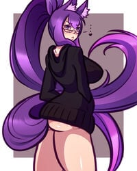 ... animal_ears ass blush breasts female freckles glasses heart hoodie karametra large_breasts loen91 long_hair looking_at_viewer naked_hoodie original ponytail purple_eyes purple_hair sideboob solo standing tail tied_hair very_long_hair waru-geli wolf_ears wolf_tail