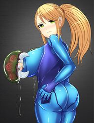 1girls absurdres ass baby_(metroid) blonde_hair blush bodysuit breast_milk breastfeeding breasts cameltoe female green_eyes highres lactation long_hair looking_at_viewer metroid metroid_(creature) metroid_on_breast nintendo ponytail pussy_juice samus_aran tied_hair zero_suit_samus