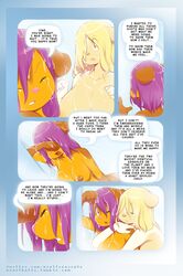 2012 anthro big_breasts blonde_hair breasts brown_fur brown_hair closed_eyes cookies_(miu) cute dialogue drunk female fur hair hug huge_breasts mammal milk_(miu) miu miupix nipples nude orange_fur piercing pink_nose purple_hair pussy rodent shower squirrel steam text water wet yuri