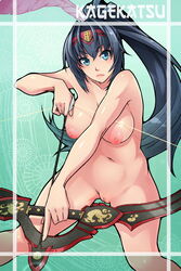 black_hair blue_eyes bow_(weapon) breasts female kagekatsu large_breasts navel nipples nude ponytail pussy solo tied_hair x-teal