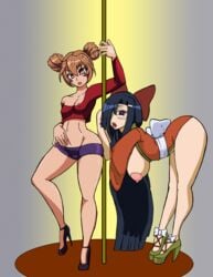 2girls aisaka_taiga bow breasts clothing crop_top double_bun female high_heels high_resolution kasugano_tsubaki kimono large_breasts legs long_hair midriff mirai_nikki multiple_girls pole shoes shorts stripper stripper_pole thick toradora! wafuku yukata