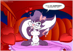 andybunny detailed_background dialogue dildo female fifi_la_fume fur hairbow heart licking looking_up mammal pillow purple_fur pussy pussy_juice raised_tail sex_toy skunk smile solo spread_legs spreading text tiny_toon_adventures tongue tongue_out url warner_brothers