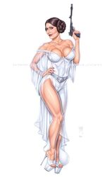 1girls a_new_hope actress armando_huerta bare_shoulders big_breasts blaster breasts brown_eyes brown_hair carrie_fisher celebrity color colored defender_sporting_blaster_pistol female female_only high_heels platforms princess_leia_organa solo star_wars watermark