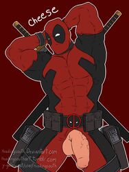 1boy 2015 bara bodysuit clothed deadpool flaccid foreskin hands_behind_head headingsouth human looking_at_viewer male male_only marvel masked muscles muscular penis penis_out posing presenting shaven skintight solo superhero testicles text uncut veins veiny_penis wade_wilson