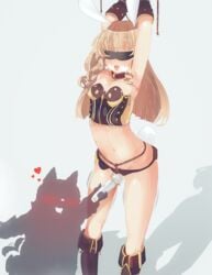 animal_ears blindfold blonde_hair blush bondage boots bound bunny_ears bunny_tail clothed_masturbation clothing collar ehrrr elin elin_(tera) heart highres hitachi_magic_wand long_hair masturbation masturbation_through_clothing navel open_mouth popori restrained saliva smile tail tera_online tongue trembling vibrator