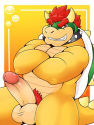 balls bowser crossed_arms erection grin horn humanoid_penis koopa looking_at_viewer male male_only mario_(series) naughty_face nintendo nude penis pubes red_eyes scalie schwarzfox shell simple_background solo video_games