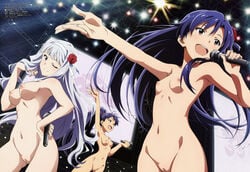 3girls :d absurdres areolae blue_eyes blue_hair breasts brown_eyes female flower ganaha_hibiki hairband idolmaster kisaragi_chihaya long_hair microphone multiple_girls navel nipples nude_filter open_mouth pink_eyes ponytail purple_hair pussy rose screen shijou_takane silver_hair smile tied_hair uncensored very_long_hair