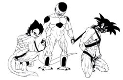 bondage bound chained cock_and_ball_torture dragon_ball dragon_ball_z frieza gag gagged male male_only monochrome one_on_two penis scar son_goku spankeror testicles vegeta yaoi