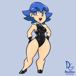 blue_eyes blue_hair chibi choker dalis_(drunkengeneral) drunkengeneral gloves high_heels latex oil original original_character shiny shiny_skin thick_thighs voluptuous wide_hips