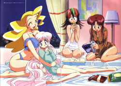 barefoot bed betterman blonde_hair gaogaigar high_resolution kimura_takahiro magazine official_art panties pink_hair pocky sai_hinoki sakura_akamatsu swan_white towel underwear utsugi_mikoto yuusha_series