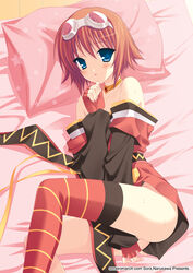 bare_shoulders bed blue_eyes blush bob_cut brown_hair error goggles narusawa_sora no_panties pillow pillows pussy_juice rita_mordio scroll tales_of_(series) tales_of_vesperia thighhighs