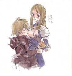 agrias_oaks ahoge armor blonde_hair blush braid breastfeeding breasts corset final_fantasy final_fantasy_tactics final_fantasy_tactics_(original) gloves nipples ramza_beoulve spikes translated