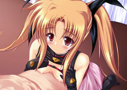 blonde_hair blush breasts fate_testarossa female flat_chest human lyrical_nanoha mahou_shoujo_lyrical_nanoha mahou_shoujo_lyrical_nanoha_a's male naizuri nipples paizuri red_eyes sex straight tied_hair topless twintails uminchu