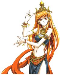 1girls armlet beatmania beatmania_iidx bemani breasts cleavage crown exotic female gold_(metal) gold_jewelry goli_matsumoto highres indian jewelry long_hair navel official_art orange_eyes orange_hair ring solo thighs umegiri_iroha