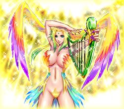 blonde_hair breasts esper female female_only final_fantasy final_fantasy_viii fusion green_eyes hair head_wings headwings huge_breasts kei-r naruto pubic_hair siren_(final_fantasy) solo straight_hair tsunade wings