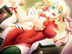 blonde_hair braid censored cheongsam china_dress chinadress clothing dress drool earrings erect_nipples glasses green_eyes handjob hips jewelry kyouhaku_2 open_mouth otaku penis qipao saliva tear thighhighs wardrobe_malfunction