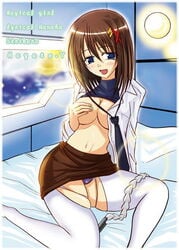 bed blue_eyes blush breast_hold breasts brown_hair covering covering_breasts dress_shirt female hayate_yagami human lyrical_nanoha mahou_shoujo_lyrical_nanoha mahou_shoujo_lyrical_nanoha_strikers necktie open_clothes open_shirt panties pantyhose shirt shirt_lift short_hair torn_clothes torn_pantyhose underwear undressing uniform