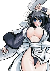 1girls blade blue_eyes blush breasts c.r. dual_wielding female hair_ornament hairclip highleg huge_breasts iroha japanese_clothes maid ninja no_bra open_clothes open_shirt samurai_shodown shirt short_hair snk solo underboob weapon