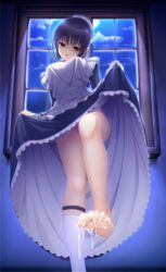 1girls absurdres after_sex apron artist_request bare_legs barefoot big_breasts blush breasts cafe_stella_to_shinigami_no_chou cum cum_on_body cum_on_feet cum_on_soles cumdrip cutie_mark dress_lift feet female female_focus foot_focus foot_up footjob highres huge_filesize large_breasts legs looking_down maid maid_apron maid_dress night open_mouth panties pantyshot pantyshot_(standing) pink_panties shiki_natsume sock_removed socks soles standing standing_footjob toes tongue white_socks yellow_eyes yuzu-soft