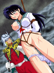 1boy 1girls arms_behind_back artist_request black_hair blood bondage bottomless breast_bondage breast_cutout breasts breasts_out brown_eyes char_aznable clothed clothed_male_nude_female clothes crossover crotch_rope female fully_clothed gloves gundam helmet inuyasha kagome_higurashi long_hair male mobile_suit_gundam navel nipples one_breast_out panties_around_leg panties_around_one_leg pubic_hair riding_crop rope school_uniform seifuku serafuku tears thighs tied_arms tied_up torn_clothes vagina whip whip_marks