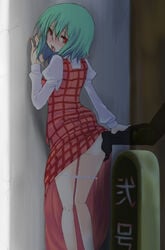 against_wall ass blush green_hair hand hands highres looking_back nigo_(aozoragarou) nigou_(aozoragarou) panties panties_down panty_pull partial_male plaid plaid_skirt plaid_vest red_eyes saliva short_hair skirt skirt_set solo tear touhou underwear white_panties youkai yuka_kazami