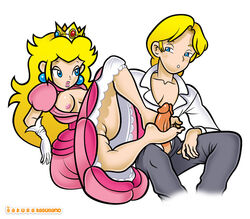 barefoot beige_skin blue_eyes blush breasts clothes color crown dress ear_piercing erection feet female footjob gloves hair human long_hair male mario_(series) nintendo nipples official_style open_eyes pants penis piercing pink_nipples princess_peach pussy round_ears sakurakasugano sigurdhosenfeld_(character) sitting straight straight_hair uncensored vulva white_background yellow_hair